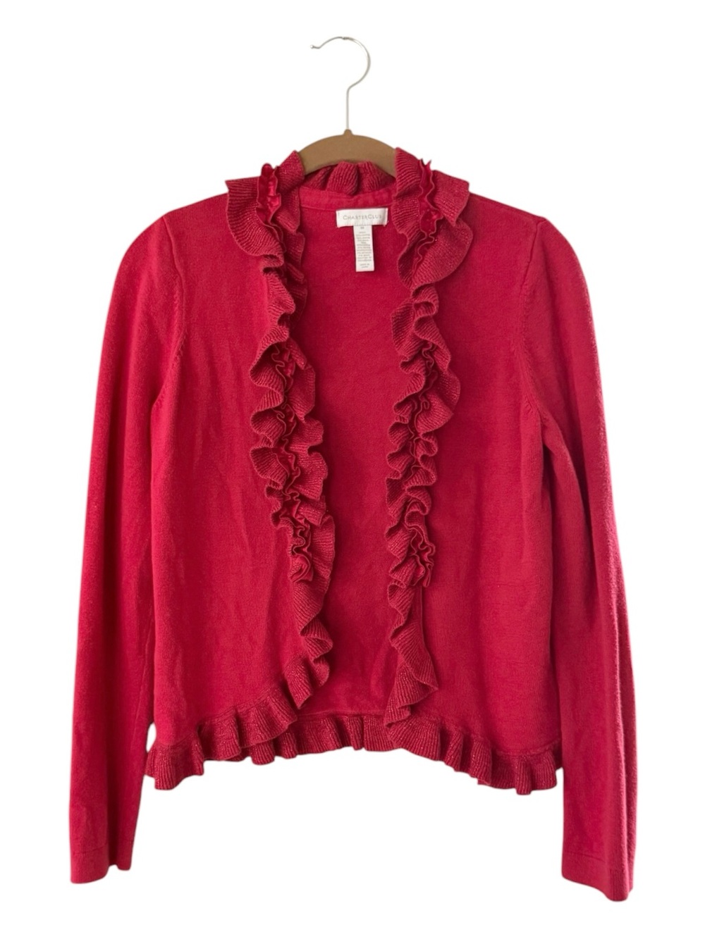 Charter Club Women’s Ruffled Open-Front Cardigan Size M Red Festive Holiday
